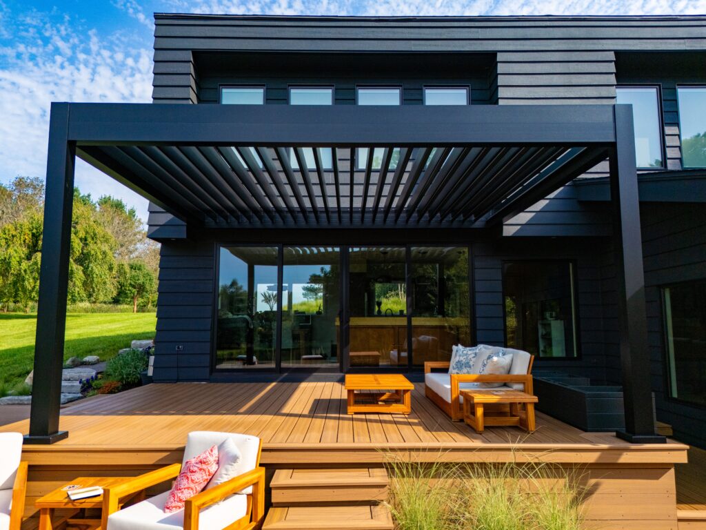 Aluminum louvered pergola on a deck