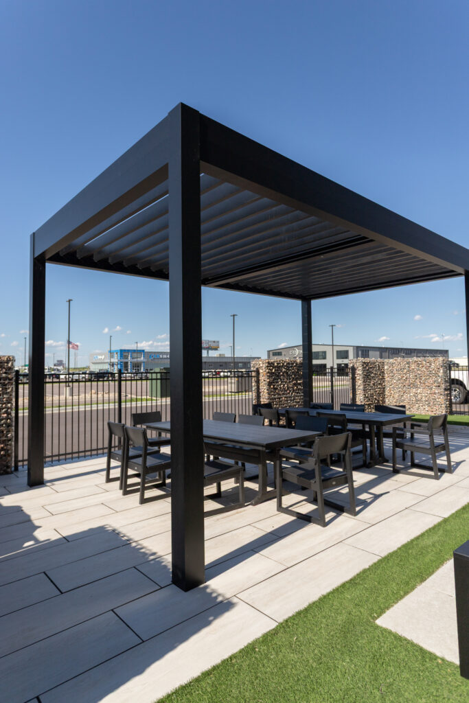 Pergola color options: Black frame, black louvers