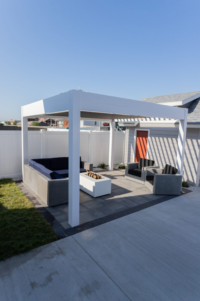 Pergola color options: white frame, dark gray louvers