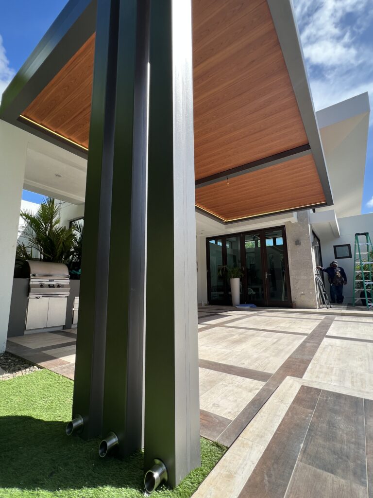 dark gray frame, wood grain louvers