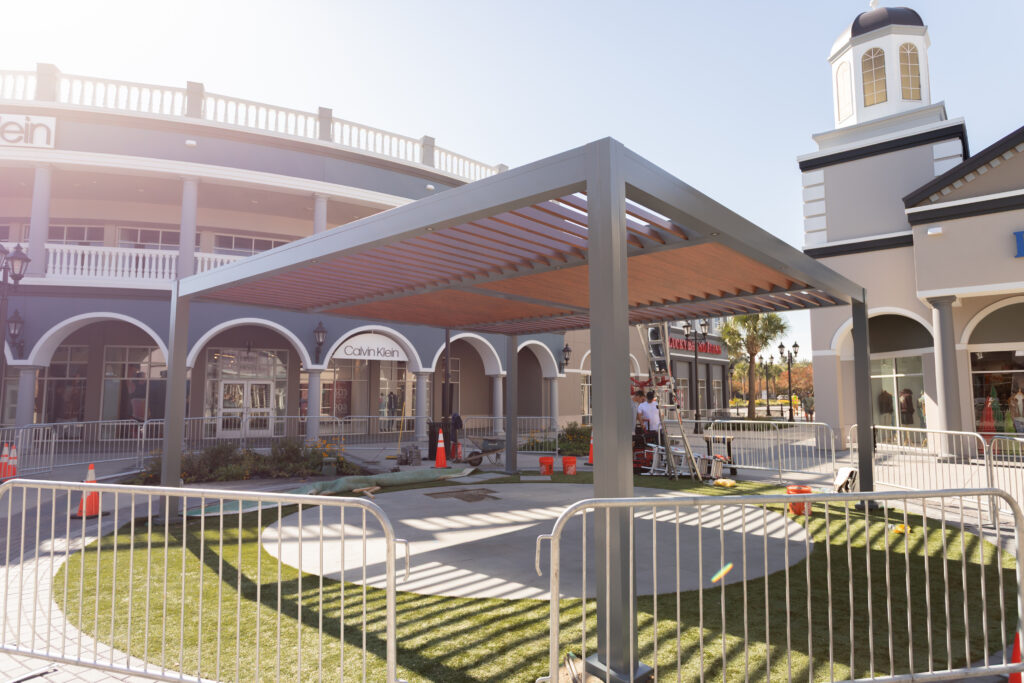 fixed louvered pergola in North Charleston, South Carolina outlet mall