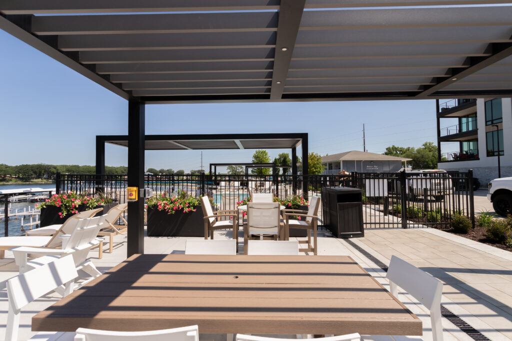 black and gray aluminum pergola for patio shade