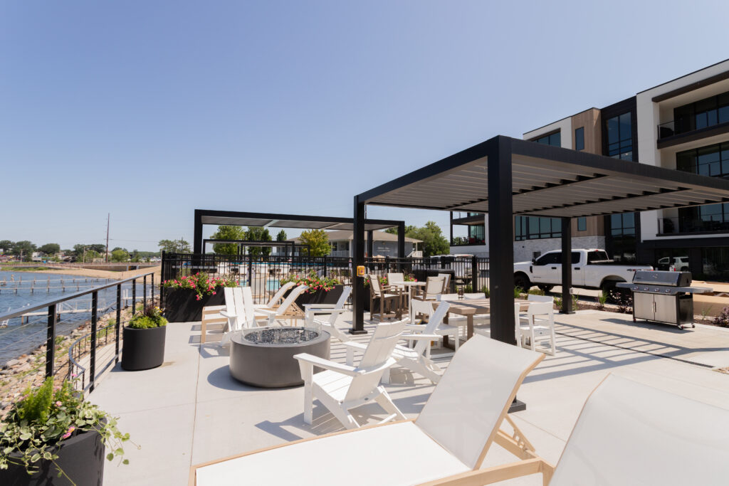 Commercial pergola installation at Dry Dock Estates in Okoboji, Iowa