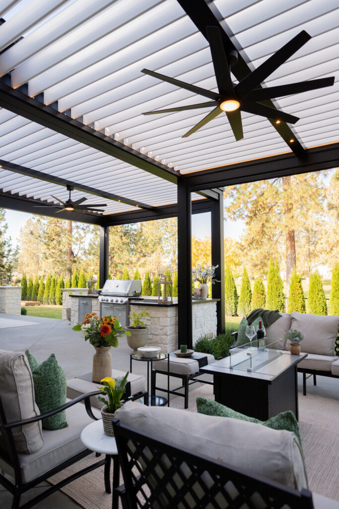 white and black motorized pergola
