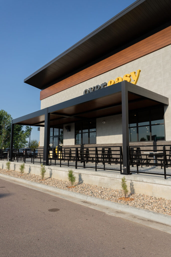 R-SHADE insulated panel pergola covers a restaurant patio