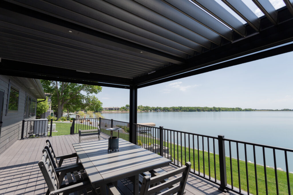 Wall Lake pergola with louvers open and screens up, letting light through